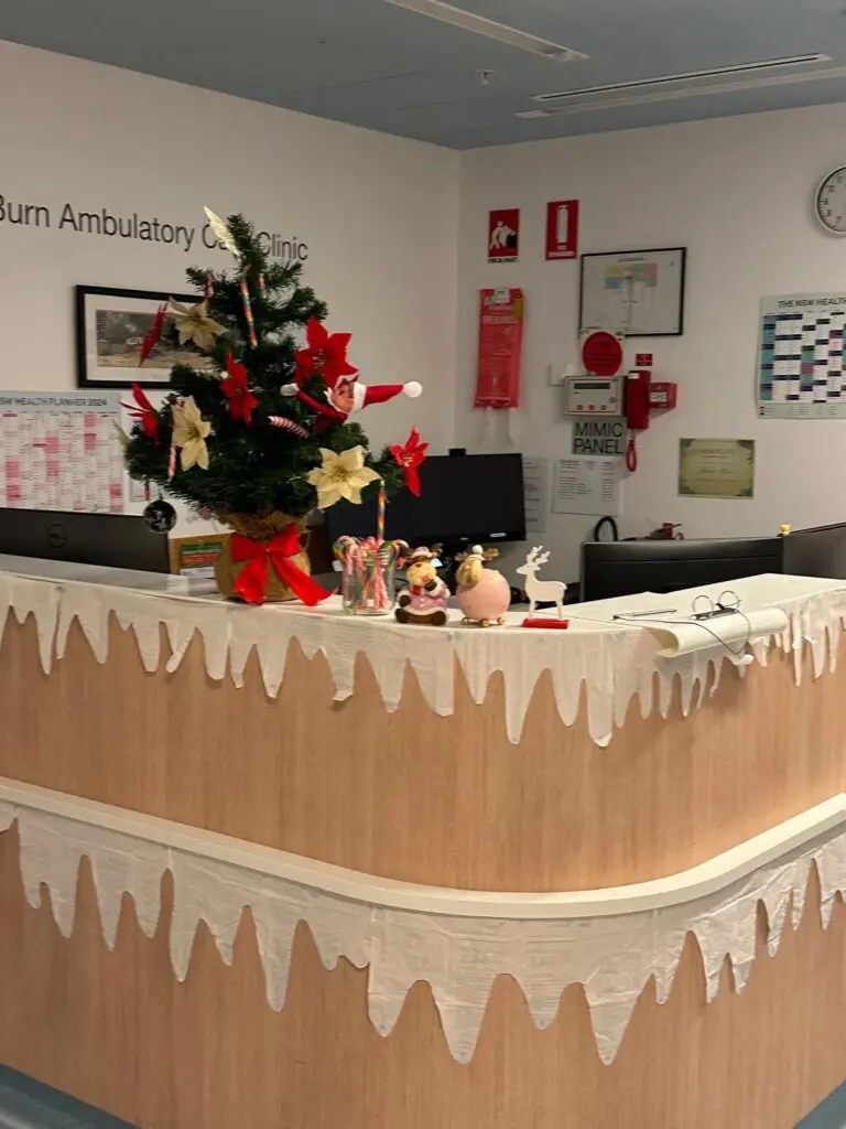 Counter decorated with Christmas ornaments