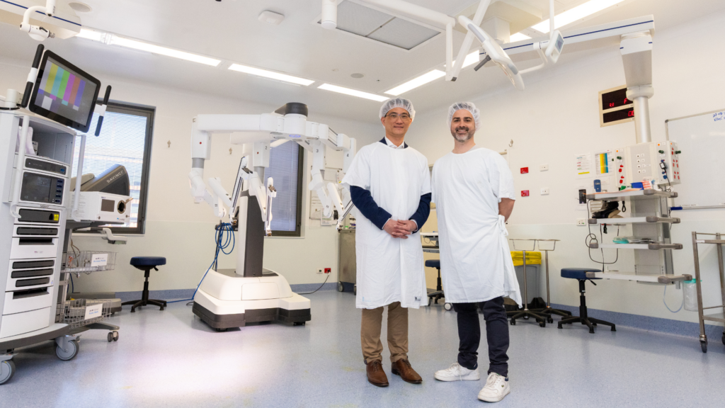 Dr Kah Hoong Chang Consultant Colorectal Surgeon RNSH and patient Stephen Davies