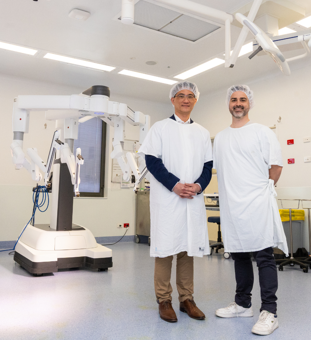 Dr Kah Hoong Chang Consultant Colorectal Surgeon RNSH and patient Stephen Davies