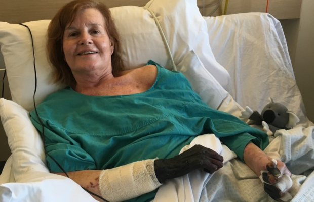 Libby in hospital after sepsis turned her hands black with gangrene